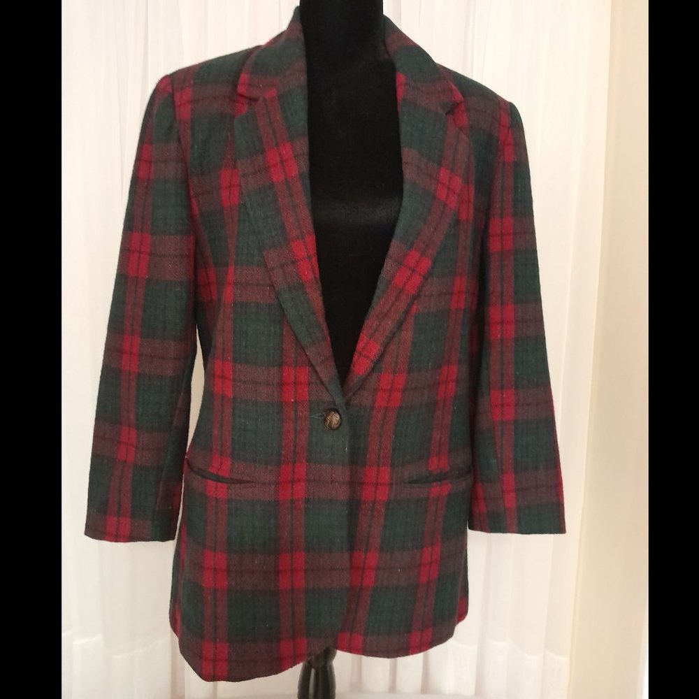 Adolfo International Vintage Wool Bend Plaid Blazer